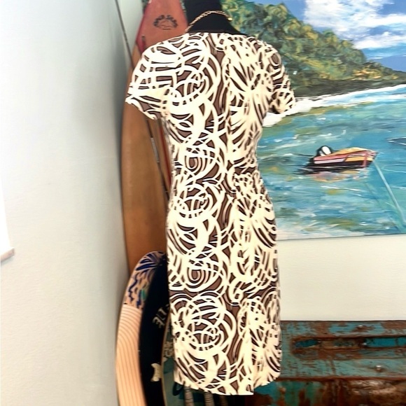 Jaeger, 100% Silk Brown & Ivory Abstract Sheath Dress – Excellent Cond., Size 6 - Picture 3 of 11